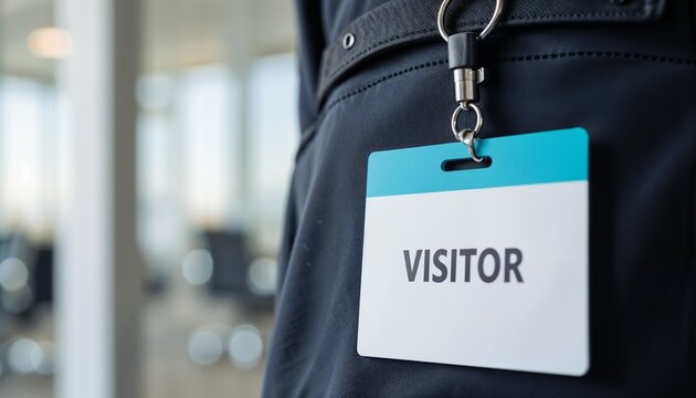 Close-up of a visitor badge attached to a person's clothes in an office setting