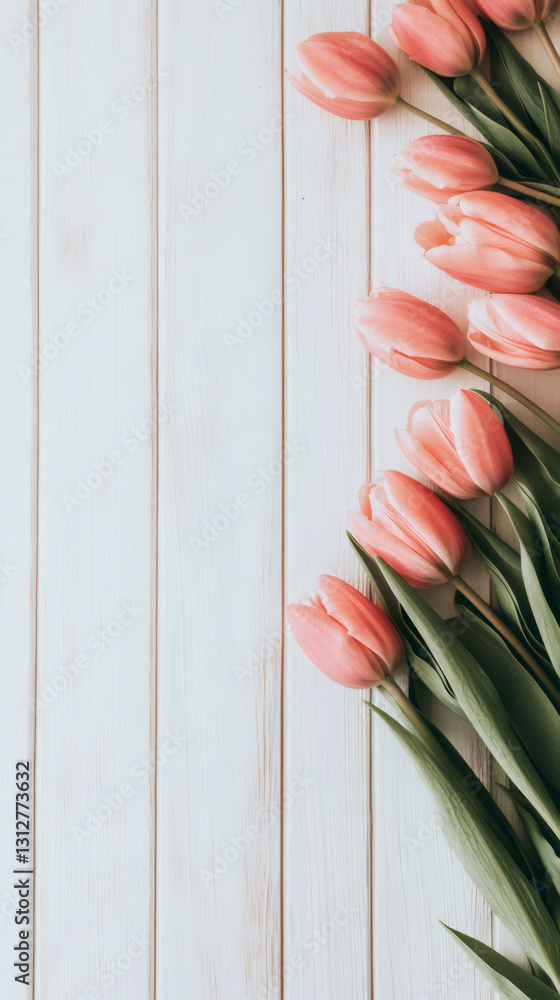 Poster Pink tulips lying on white wooden table creating a delicate spring or easter background with copy space