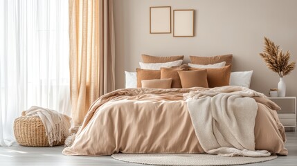 Fototapeta premium A cozy bedroom featuring a bed adorned with soft peach fuzz color bedding.