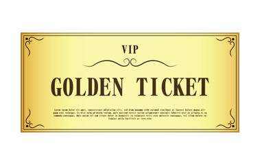 Golden vector ticket. Premium gold ticket template in classic style for gala events, cinema, theater, concert. 