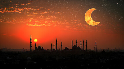 Naklejka premium Sunset silhouettes of mosques against a crescent moon and fiery sky.