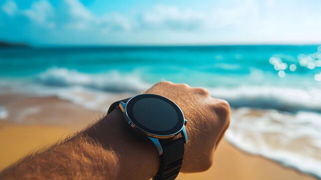 Smartwatch on wrist at the beach, checking time on vacation