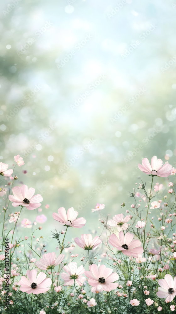 Aufkleber soft pink cosmos flowers create a tranquil scene in a dreamy spring garden, with a blurred backgroun