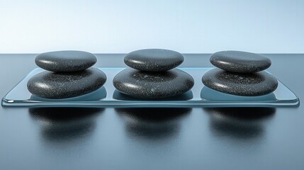 Smooth black stones arranged on a glass plate against a minimalist background for relaxation