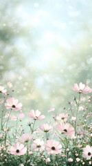 Soft pink cosmos flowers create a tranquil scene in a dreamy spring garden, with a blurred background and bokeh effect