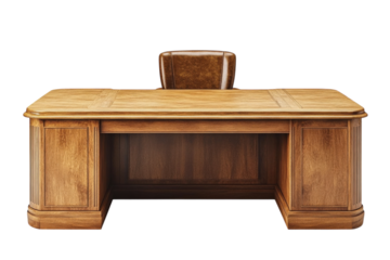 Elegant wooden desk with a brown leather chair in a professional office setting