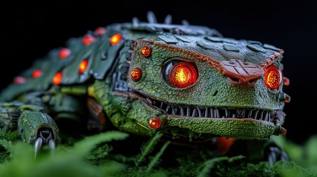 Cybernetic Reptile in the Jungle: A Close-Up of a Futuristic Mechanical Lizard