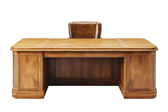 Elegant wooden desk with a brown leather chair in a professional office setting