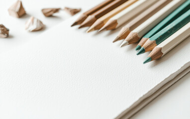 Colored Pencils and Stones on White Textured Surface