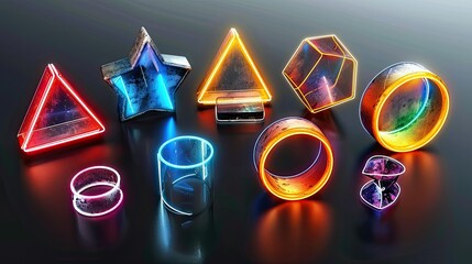 A collection of colorful geometric shapes illuminated with neon lights.