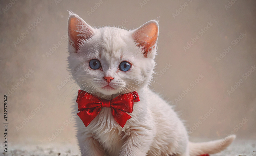Poster white kitten wearing a red bow tie. the kitten is looking at the camera with a curious expression