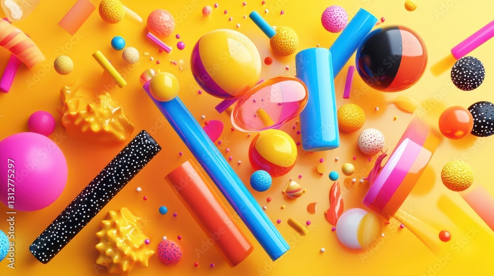 Poster A dynamic 3D render showcasing a collection of abstract colorful shapes with vibrant hues and intricate forms.