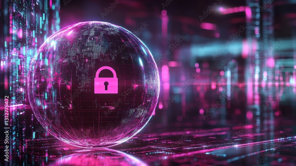 Poster the concept of cyber security visualized through a globe and a padlock.