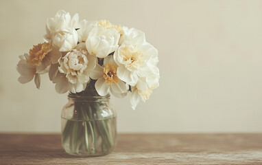 White and Yellow Daffodil Bouquet in Glass Jar on Rustic Wood