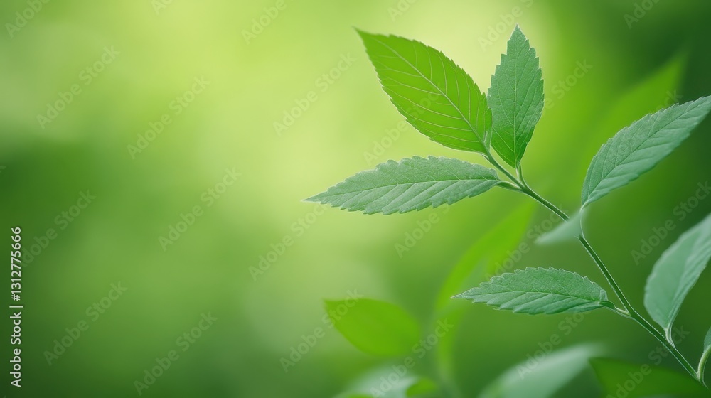 Poster green leaves clustering densely on tree branch, softly illuminated by natural light, rendering verda