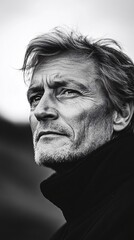 Obraz premium Reflective Older Man in Black and White Portrait with Pensive Expression