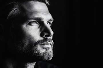 Determined Man in Thoughtful Pose, Black-and-White Portrait with Intense Expression