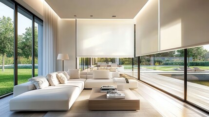 Fototapeta premium A stylish roller blind enhances the modern aesthetic of the living room.