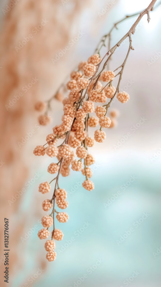 Poster Close-up of a decorative twig with small round berries hanging, creating a delicate and natural aesthetic against a blurred background