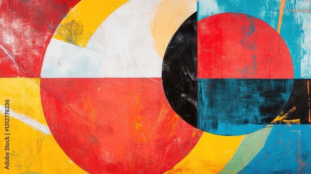 Poster a dynamic abstract geometric art piece featuring vibrant overlapping shapes and lines in red, orange