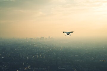 Fototapeta premium Drone above a hazy city at sunrise