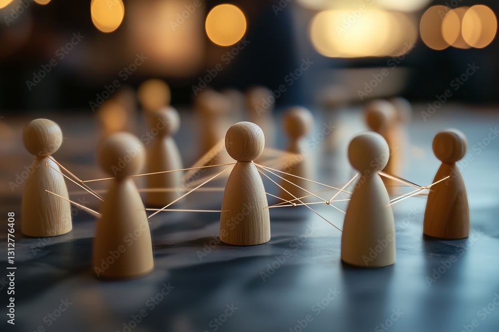 Poster wooden figures representing human connections with strings illustrating collaboration and teamwork i