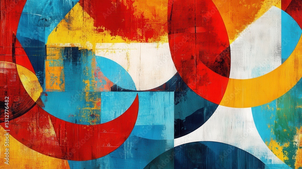 Poster a dynamic abstract geometric art piece featuring vibrant overlapping shapes and lines in red, orange