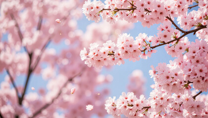 Obraz premium Cherry blossom petals drifting gently in spring breeze, nature's beauty