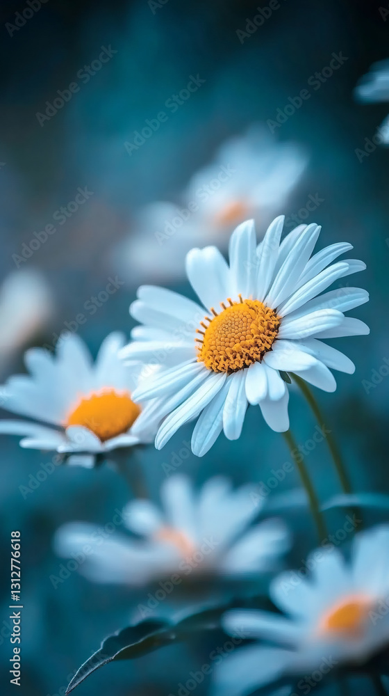 Poster beautiful white daisies with yellow centers are blooming in a field, creating a peaceful and serene 