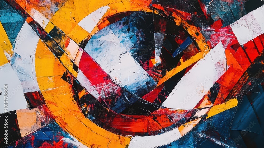 Poster a dynamic abstract geometric art piece featuring vibrant overlapping shapes and lines in red, orange