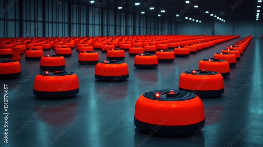 Poster army of autonomous robots in a warehouse