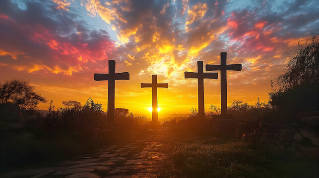 Three crosses silhouetted against a vibrant sunrise. (5)