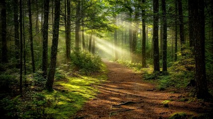 Obraz premium Sunbeams illuminate a forest path.