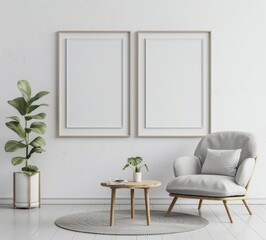 Two empty frames in a minimalist living room with an armchair. coffee table. and potted plants