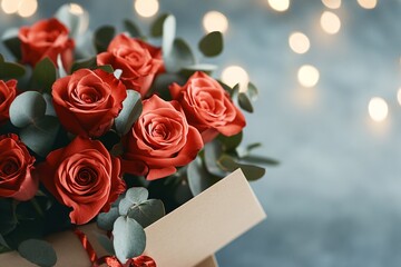 Romantic Arrangement of Red Roses and a Gift Box with Soft Lighting