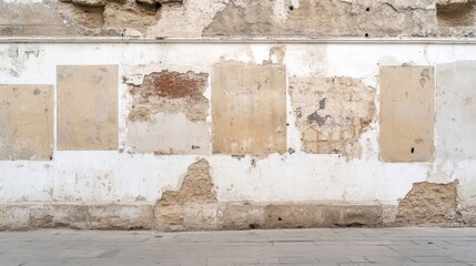 Weathered urban wall revealing crumbling plaster and peeling posters, exposing aged brick texture signaling architectural decay and urban neglect