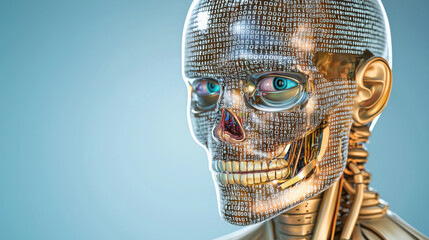 Obraz premium futuristic humanoid with transparent skull displays binary code, symbolizing advanced technology and artificial intelligence