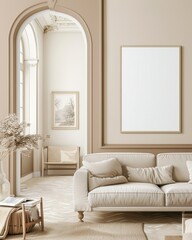A minimalist living room with a white sofa. a large blank frame. and a view of a hallway with a window
