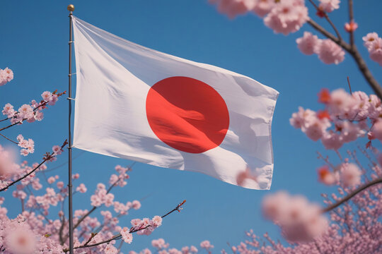 The national flag of Japan flutters gracefully in the wind against a bright blue sky.