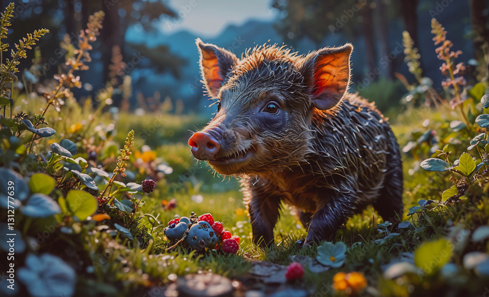 Poster pig is standing in a field of flowers and berries. the pig is eating berries and he is enjoying itse