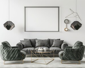 A modern living room interior with a grey sofa. two green armchairs. and a coffee table with a glass top A large blank frame hangs above the sofa Two geometric pendant lights hang from the ceiling