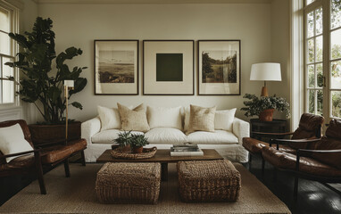 Fototapeta premium Serene Living Room Interior with Off White Sofa and Brown Leather Armchairs