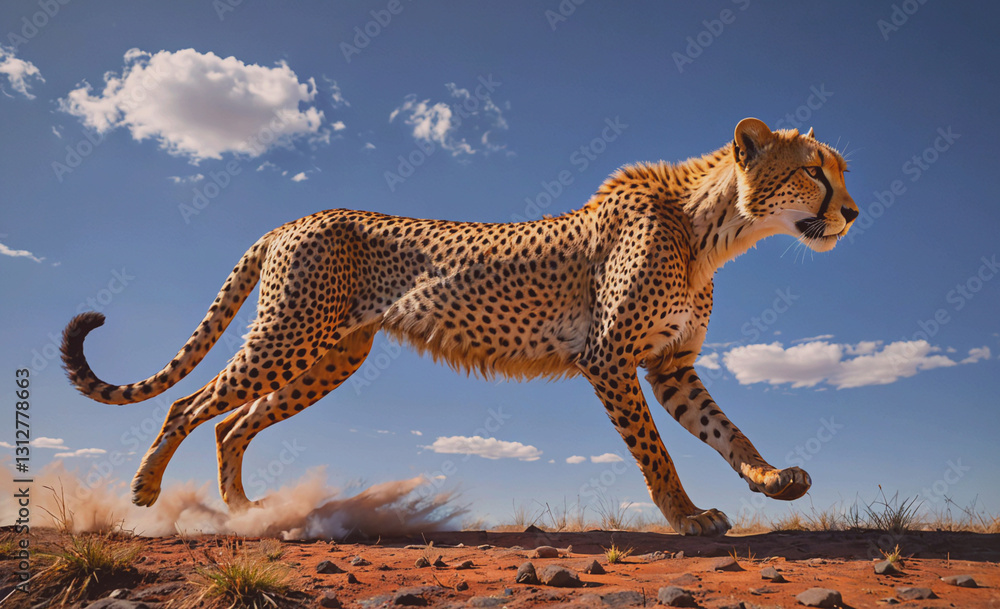 Poster cheetah is running across a dirt field. the sky is blue and there are clouds in the background