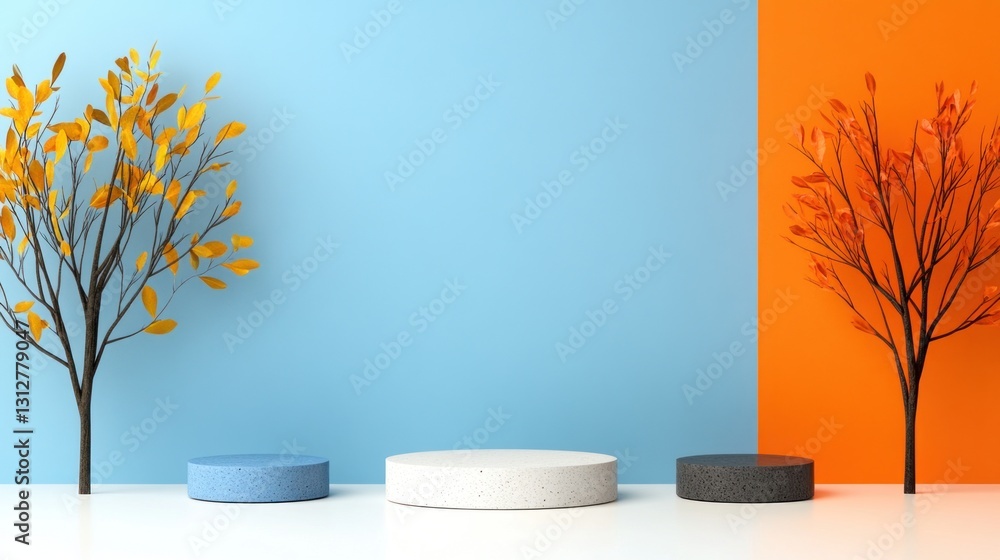 Poster autumnal display: minimalist product presentation with colorful trees and platforms