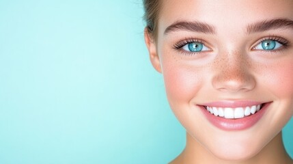Fototapeta premium Radiant Smile, Beautiful Skin: A Close-up Portrait of a Young Woman