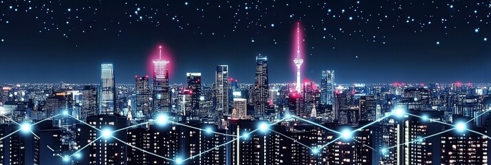 Illuminated city skyline with vibrant night lights