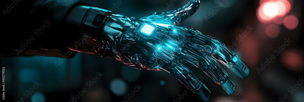 Poster a glowing ai-powered prosthetic limb with advanced functionality -