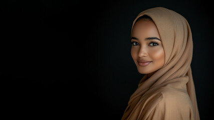 Fototapeta premium Afro muslim woman wearing traditional abaya and hijab isolated on black background