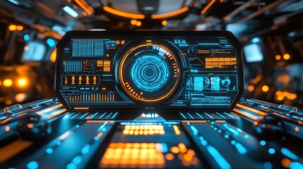 A futuristic digital HUD interface showcases a high-tech design with blue and orange elements.