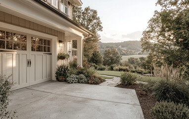 Serene Home Exterior with Lush Landscaping and Scenic Hillside View